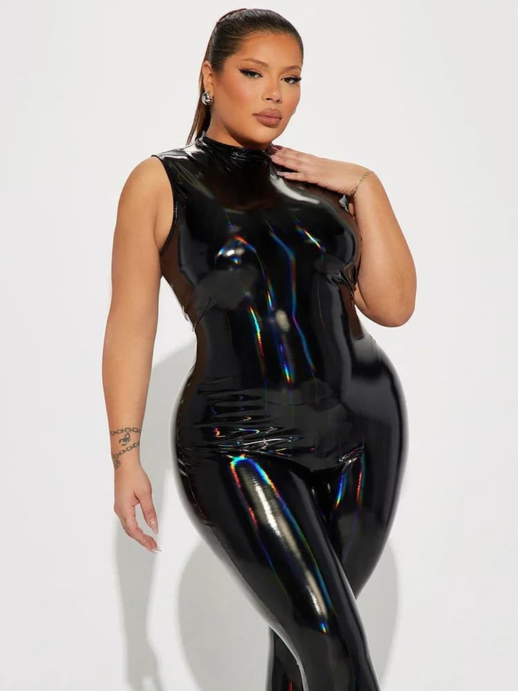 Combinaisons en similicuir brillant sexy sans manches pour femmes grandes tailles, combinaisons en P