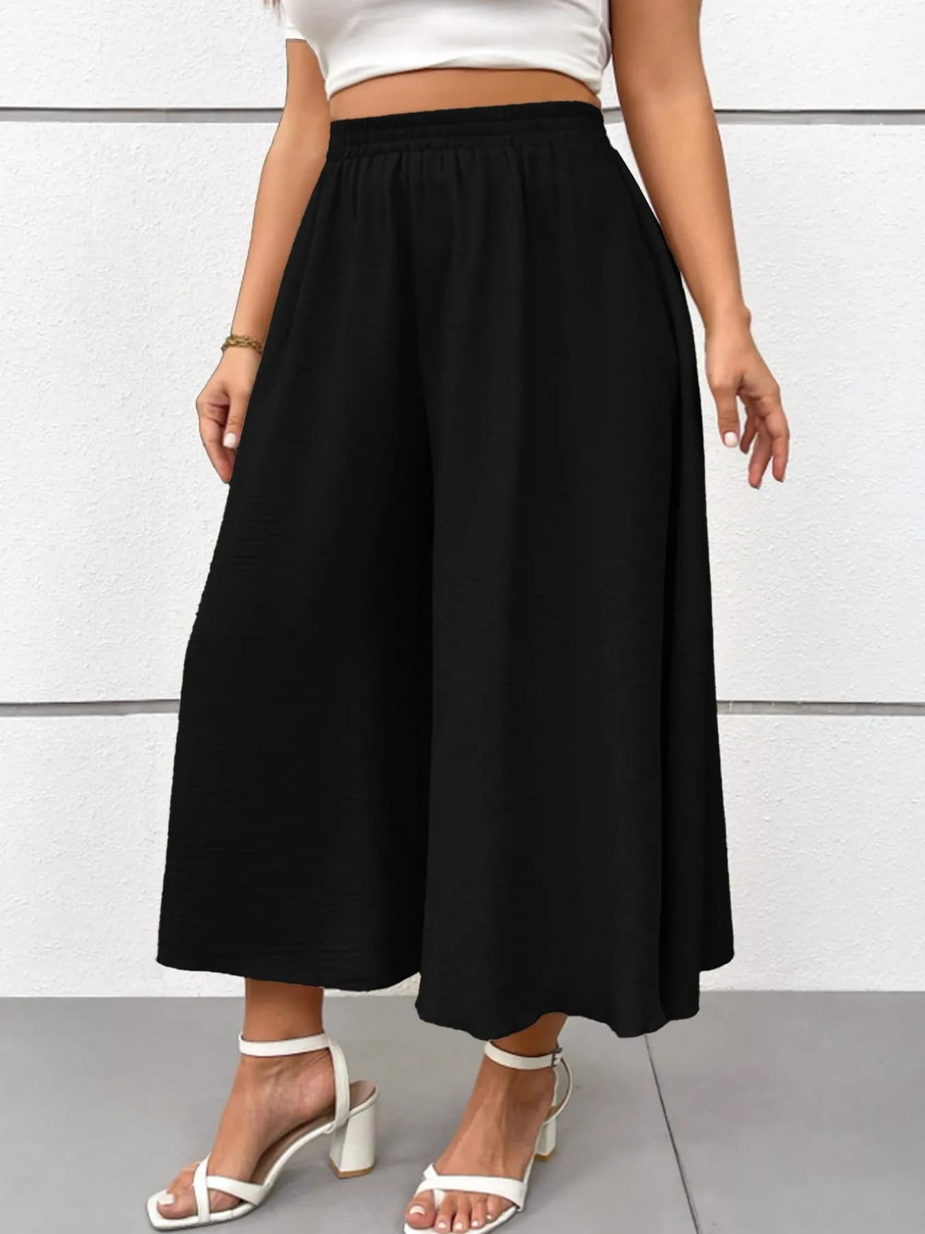 Pantalon midi fluide décontracté pour femme, taille haute élastique, coupe large, couleur unie, idéa