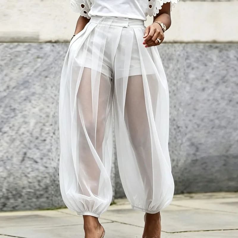Pantalon Harem Plissé Taille Haute en Maille Transparente pour Femme avec Short Intégré et Bas Élast