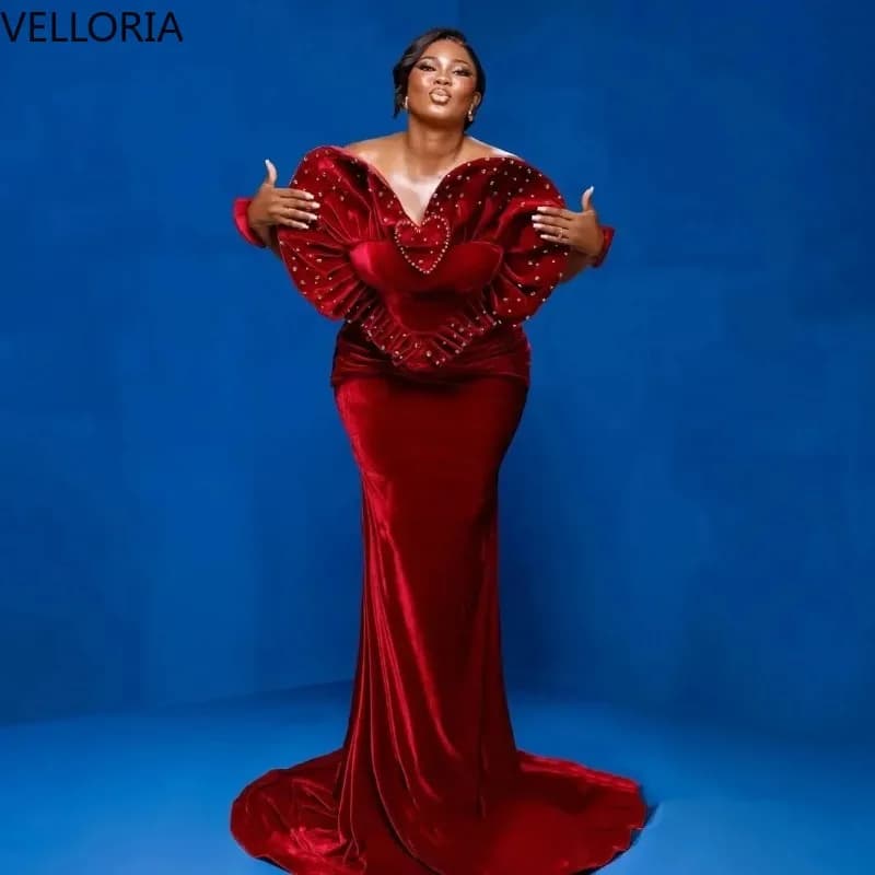 Robe de soirée en velours rouge, grande taille, Sexy, strass, manches bouffantes, manches papillon,