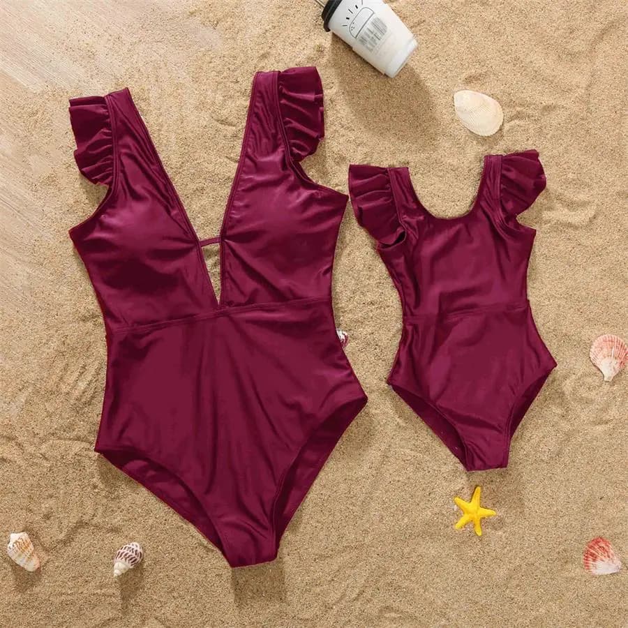 Maillots de bain assortis à volants pour mère et fille, ensemble familial à rayures, une pièce, pour