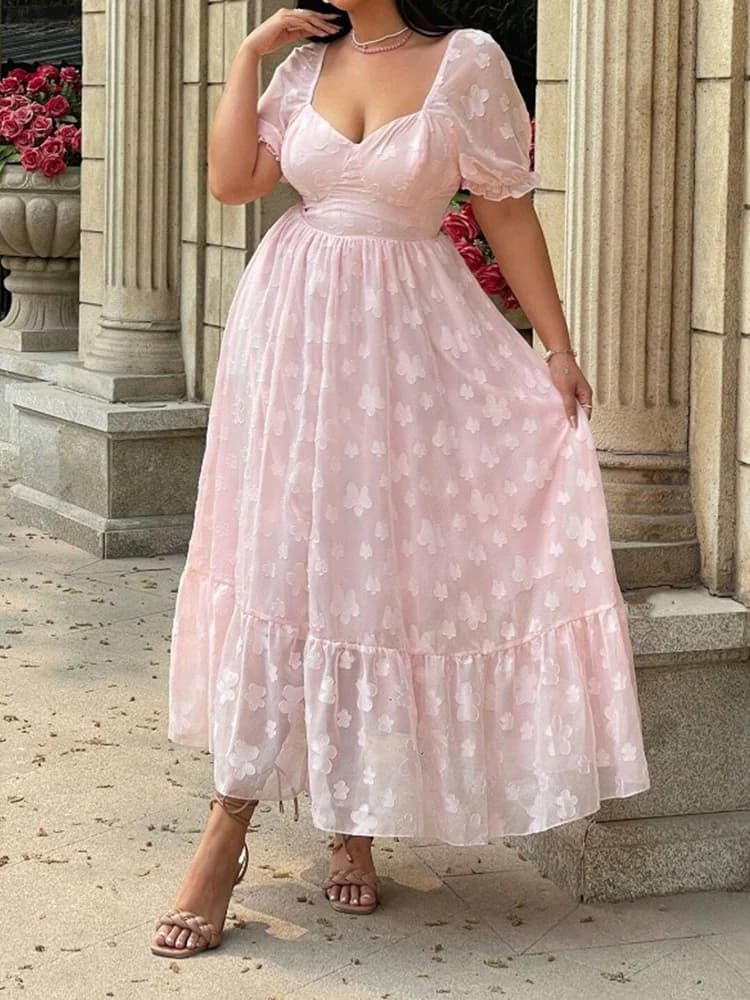Robe longue jacquard GIBSIE grande taille à col cœur et manches bouffantes pour femme, collection ét