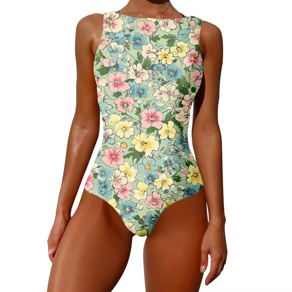 Maillot de bain une pièce imprimé floral tropicaux, taille haute, contrôle du ventre, tissu à séchag