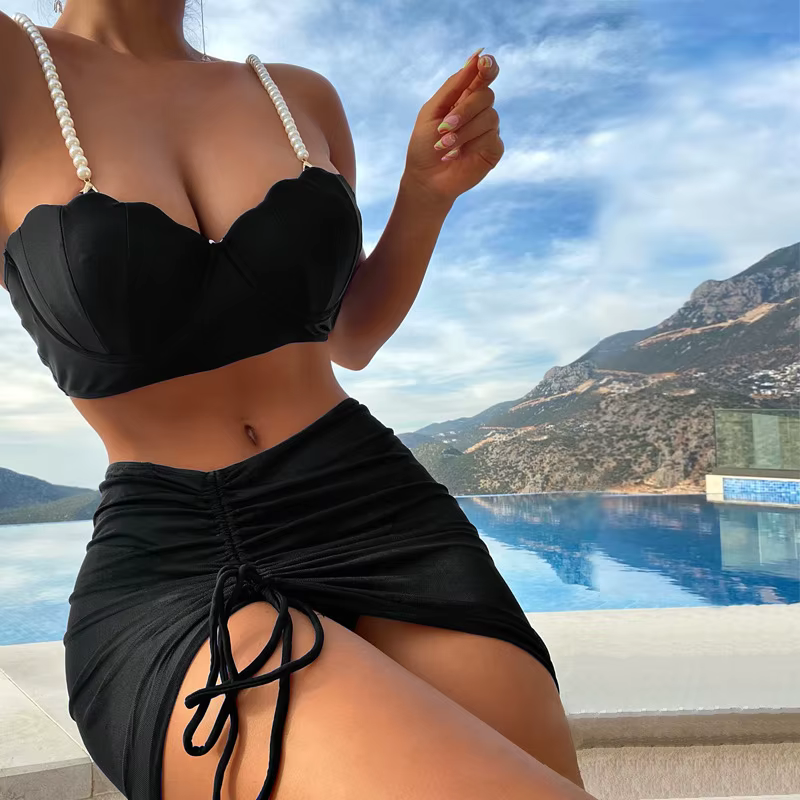 Maillot de bain trois pièces pour femmes, bleu uni, rouge, orange, noir, été, bikini, européen, amér