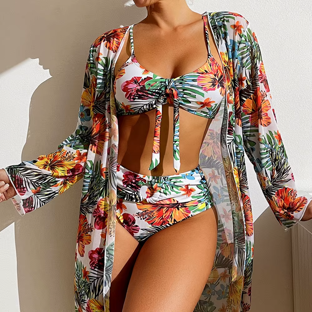 Maillot de bain 3 pièces imprimé Floral, Sexy, taille haute, ensemble deux pièces pour femmes, avec 