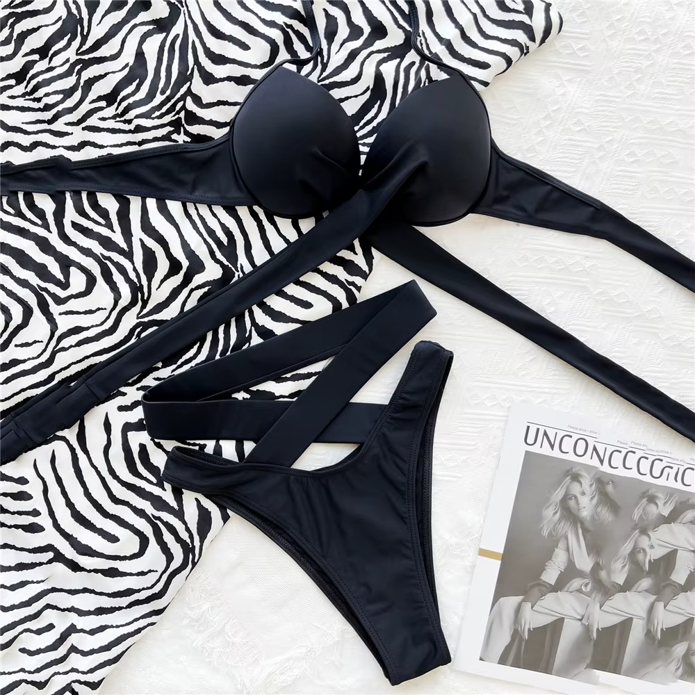 Maillot de bain brésilien noir, taille haute, soutien-gorge push up, col licou, string, bandage croi