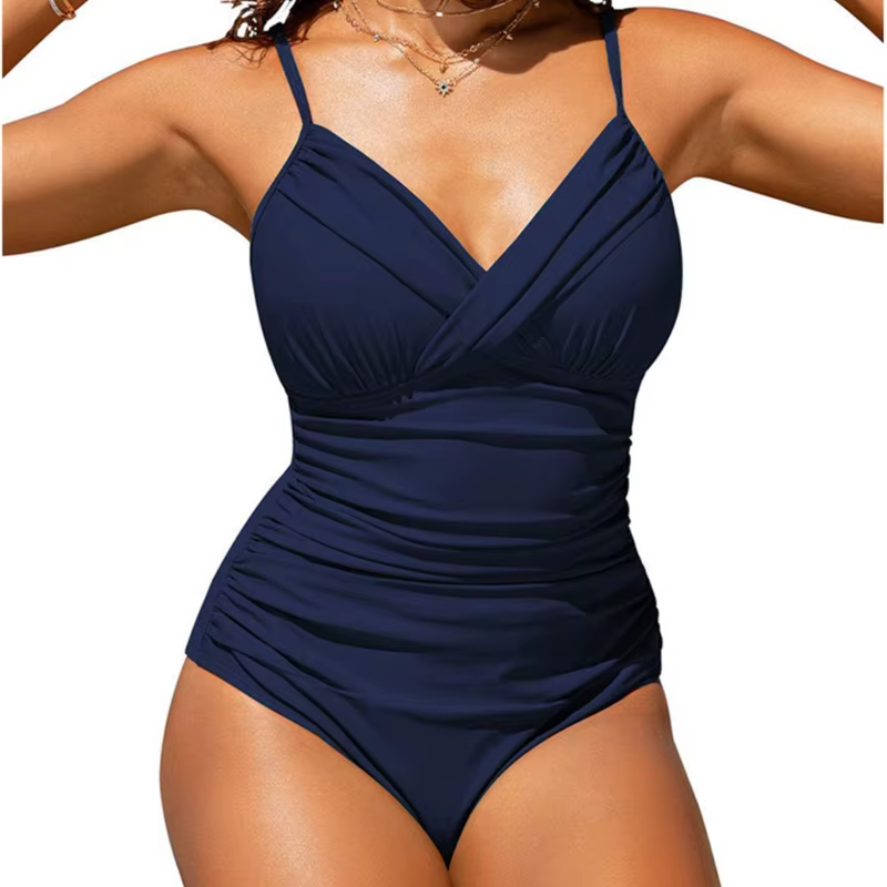 Maillot bain froncé pour femmes, 1 pièce, Monkini, col en V, contrôle du ventre, 24BD