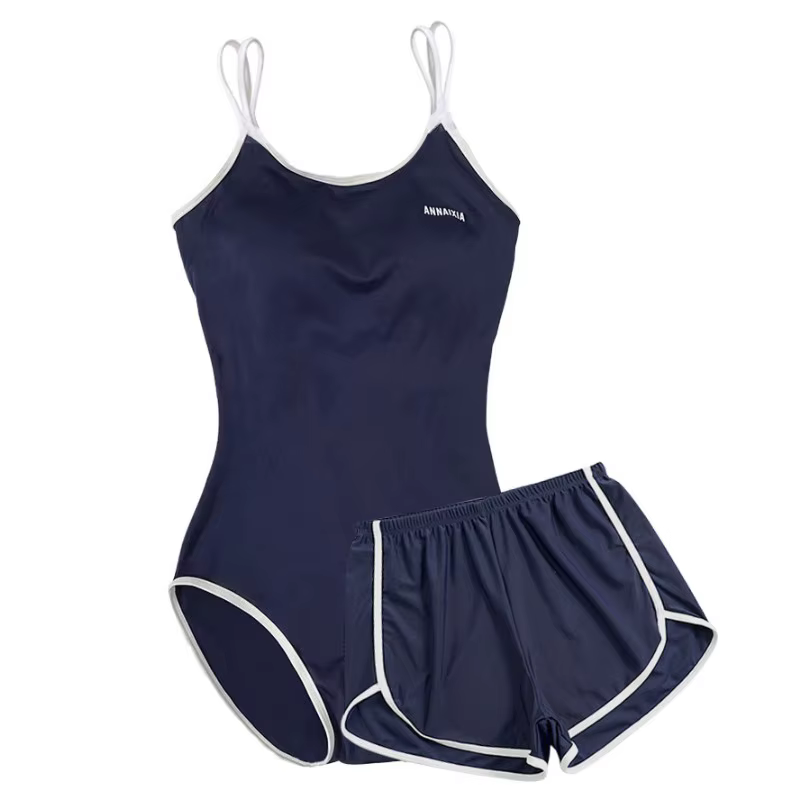 Ensemble de maillot de bain deux pièces bleu marine avec bretelles et short taille haute, adapté pou